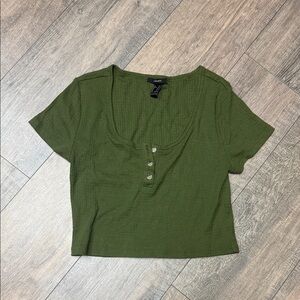 Y2K Forever 21 Olive Ribbed Henley Fitted Crop Top